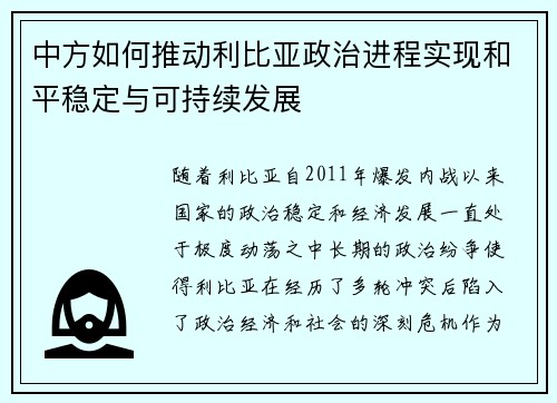 中方如何推动利比亚政治进程实现和平稳定与可持续发展